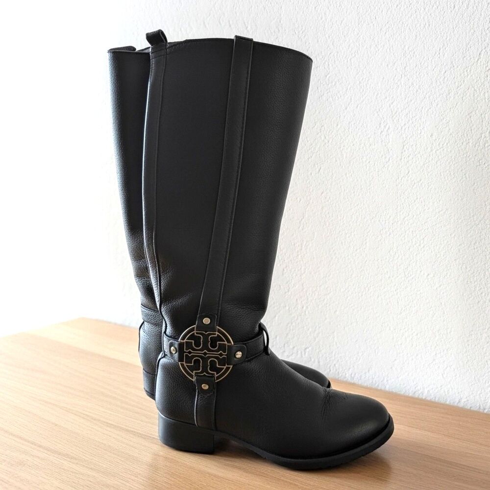 Tory Burch Amanda Knee High Harness Riding Boots Black Pebbled Leather Size 6.5